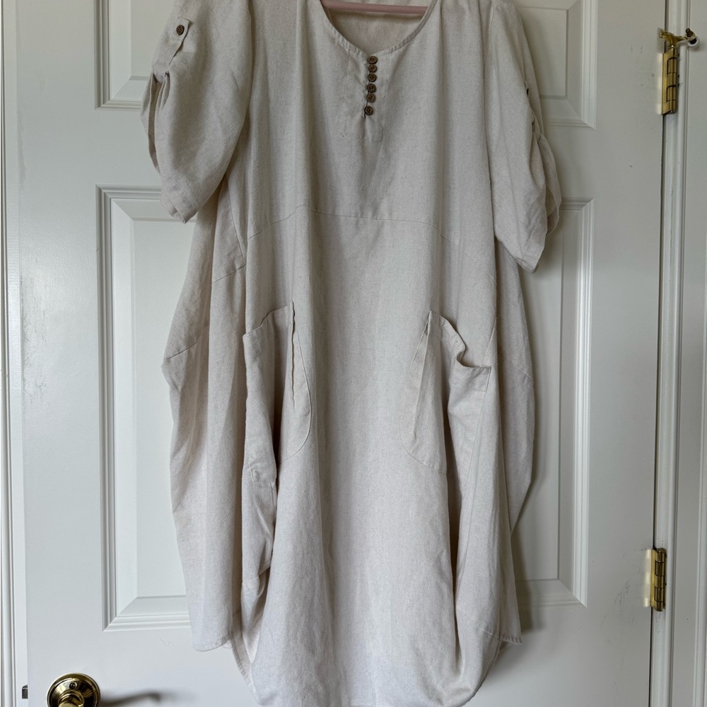 Oversized Boho Linen blend Cream Dress with Pockets - Picture 2 of 5